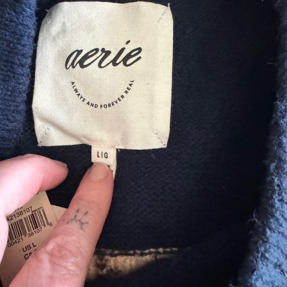 Aerie Navy Leopard-Panel Crewneck Sweater with Red Trim - Picture 2 of 3